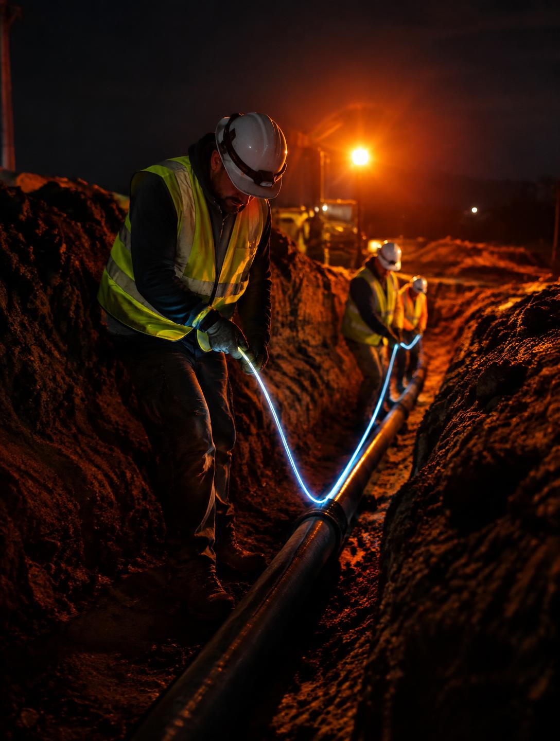 IJNtech crew pulling fiber through conduit at night